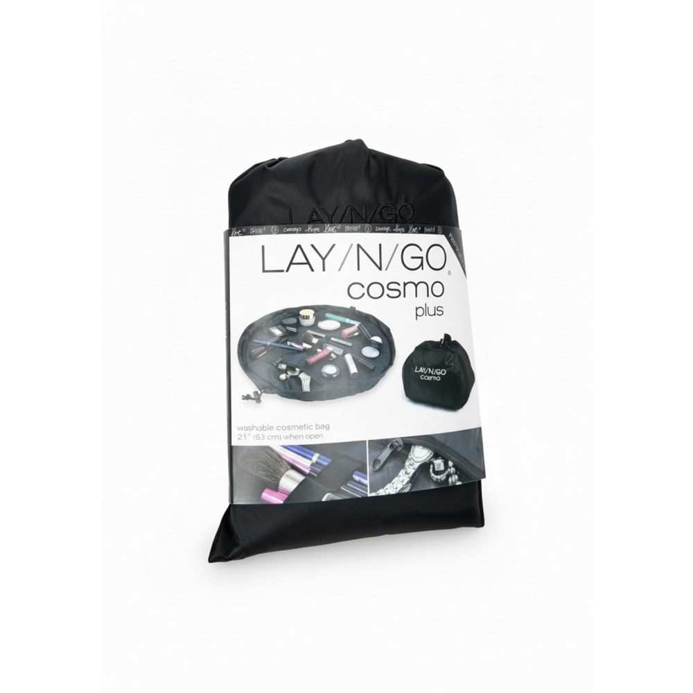 Lay-n-Go Cosmo Plus Drawstring Cosmetic Bag Black 21" Zip Pocket Travel NEW NWT